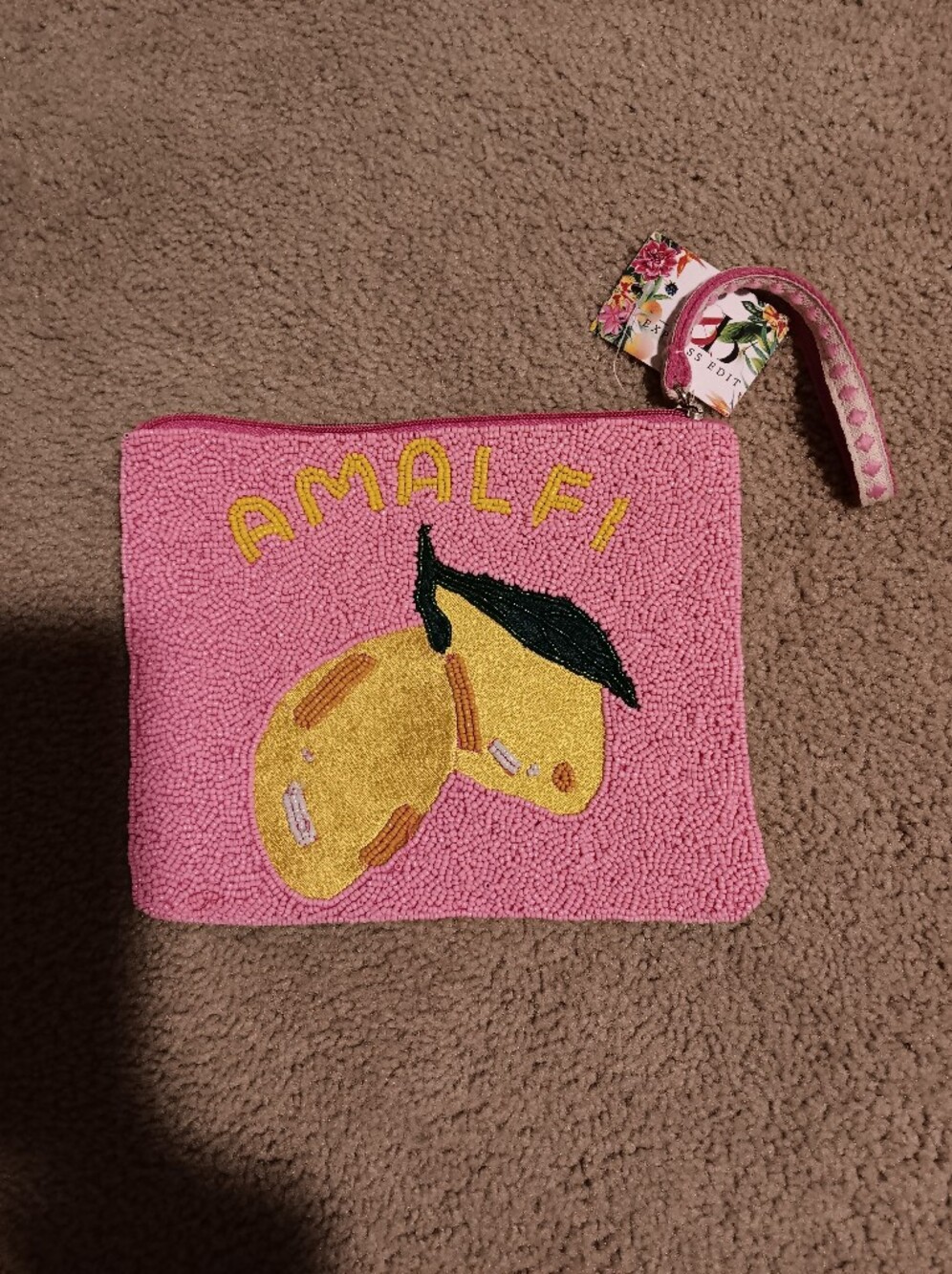 Amalfi (Express Edit) Pink Beaded Wristlet/Clutch with Yellow Fruit Motif. NWT.